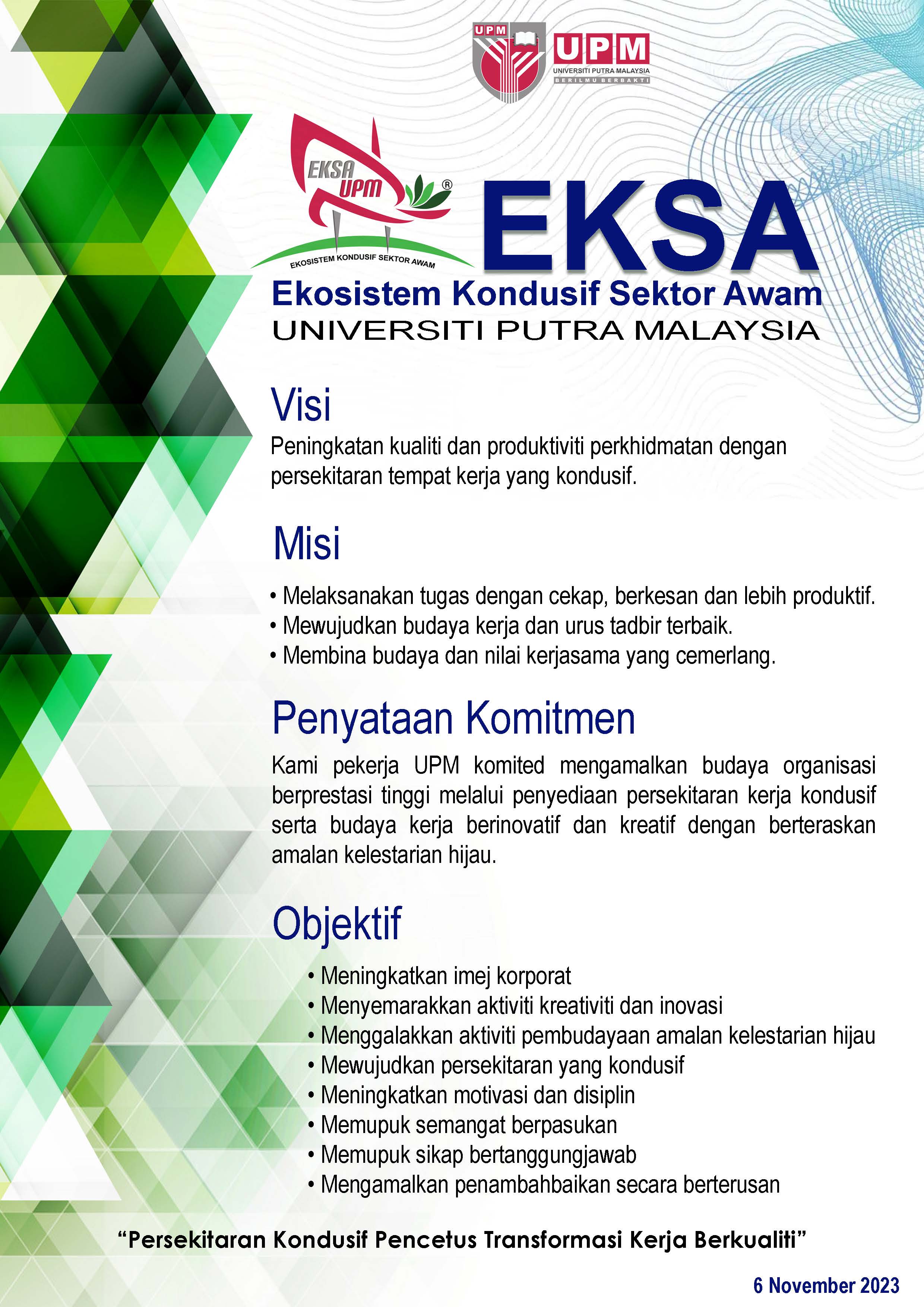 Poster Visi, Misi, Penyataan Komitmen & Objektif EKSA UPM (Kemaskini 6 November 2023) 