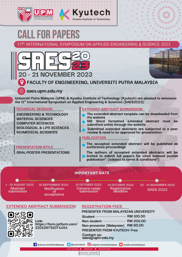 CALL FOR PAPERS: 11TH INTERNATIONAL SYMPOSIUM ON APPLIED ENGINEERING AND SCIENCES (SAES2023)